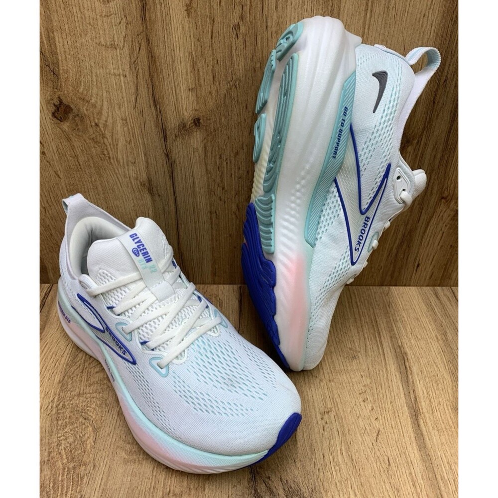 Brooks Glycerin GTS 22 Women's 10 Wide D White Blue Running Shoes 1204351D110 - Picture 1 of 12